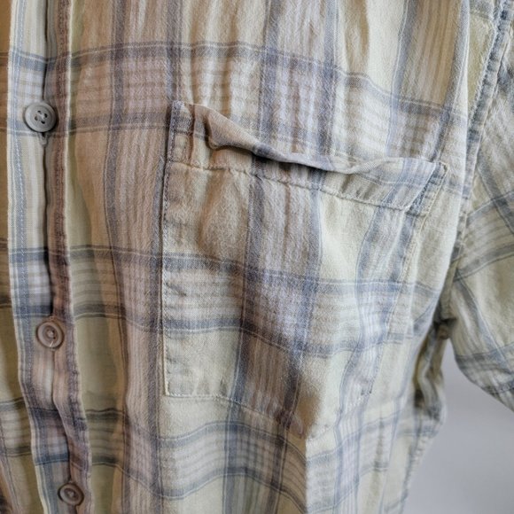 Vince Shirt Mens XL Yellow Gray Button Up Short Sleeve Plaid Linen Classic Fit - Picture 4 of 8